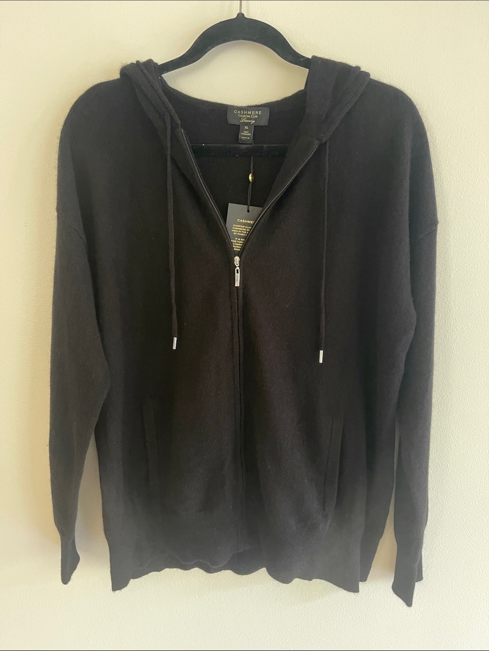 Charter Club 2 ply 100% Cashmere Jet Black Zip-Up Hoodie Sweater XL. NWT